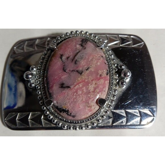 Vintage Silveplated Pink,Black  Polished Stone Beltbuckel - Picture 3 of 6